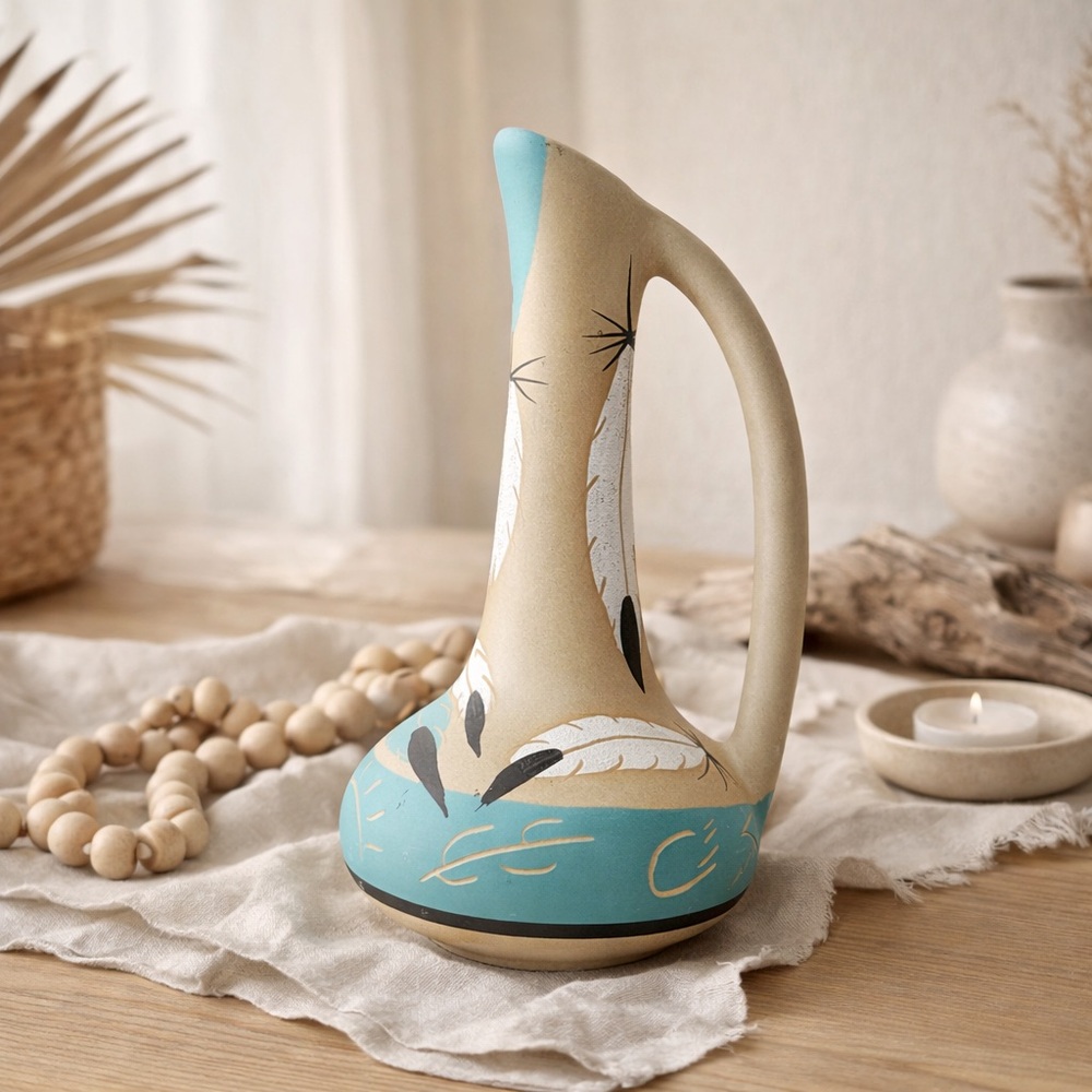 Betty Selby Native American Studio Pottery Ewer Vase Southwest Feather Signed